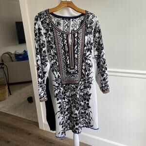 Nic + Zoe Plus 2XL Long Sleeve Tunic Dress Tribal Turkish Boho Black White Aztec